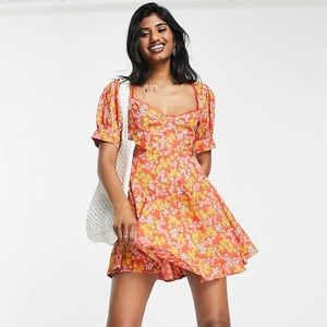 ASOS red floral cutout mini summer dress size 10 puff sleeves